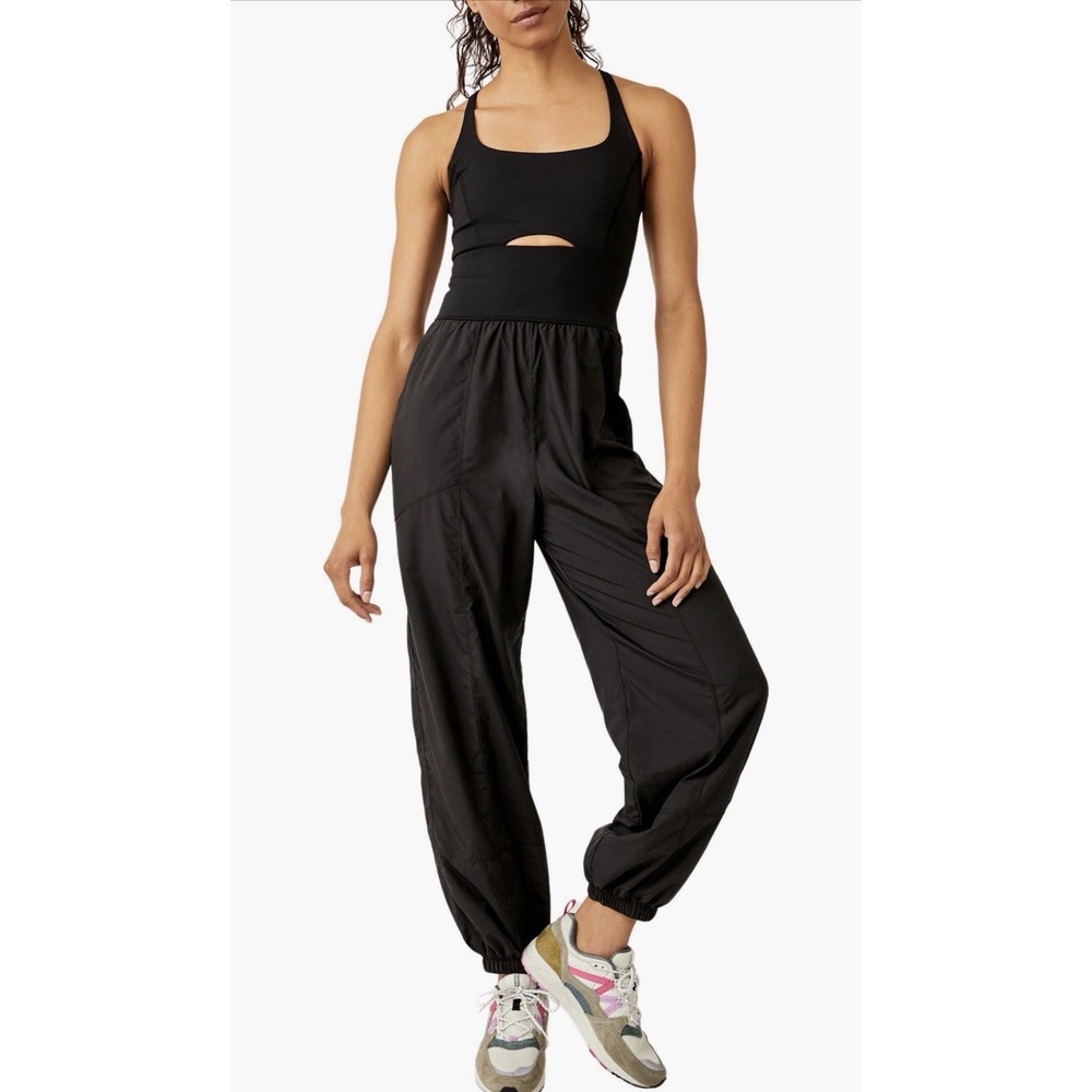 Free People FP Movement Righteous One Piece in Black Size Large Runsie Jumpsuit